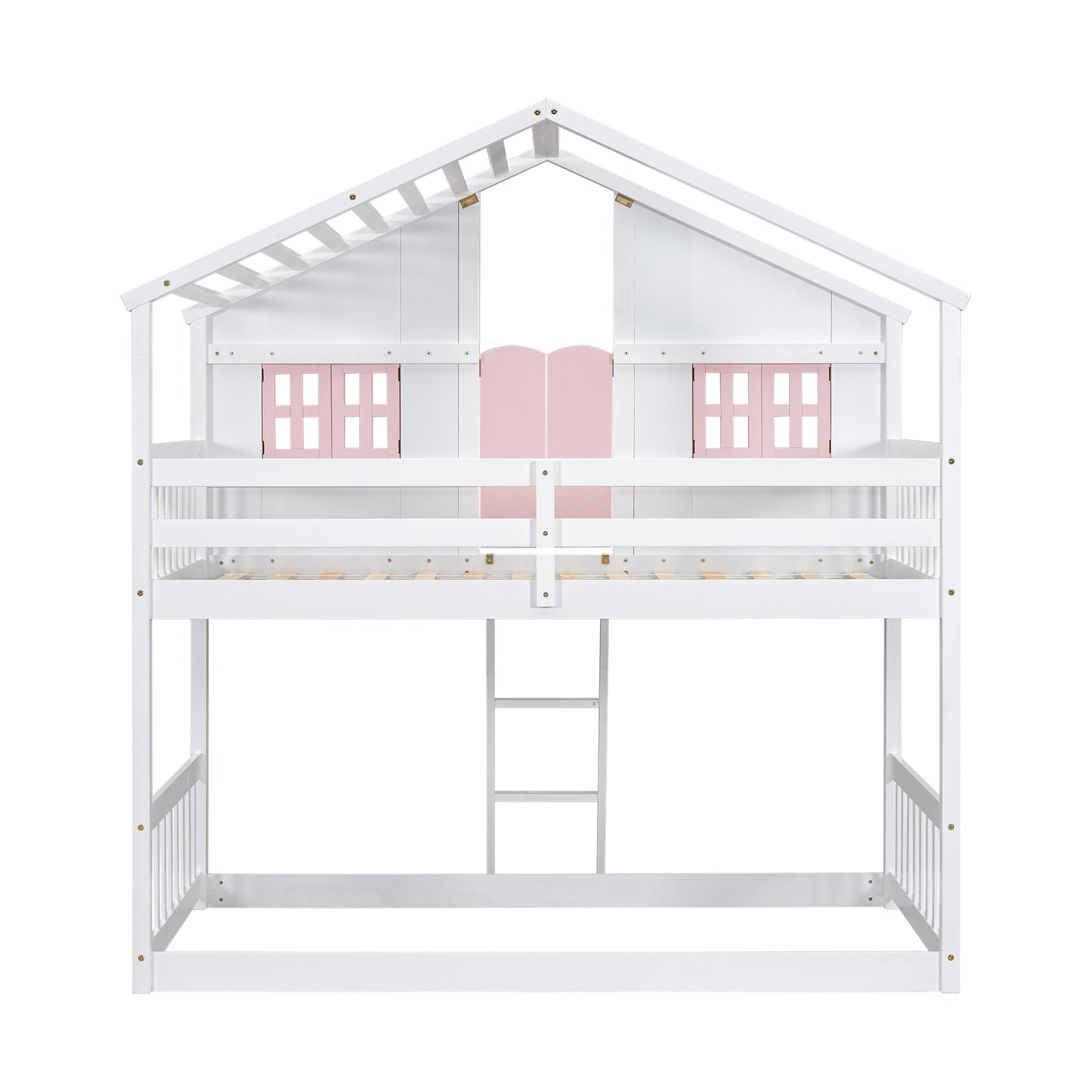 Twin over Twin House Bunk Bed with Roof , Window, Window Box, Door , with Safety Guardrails and Ladder, Pink/White