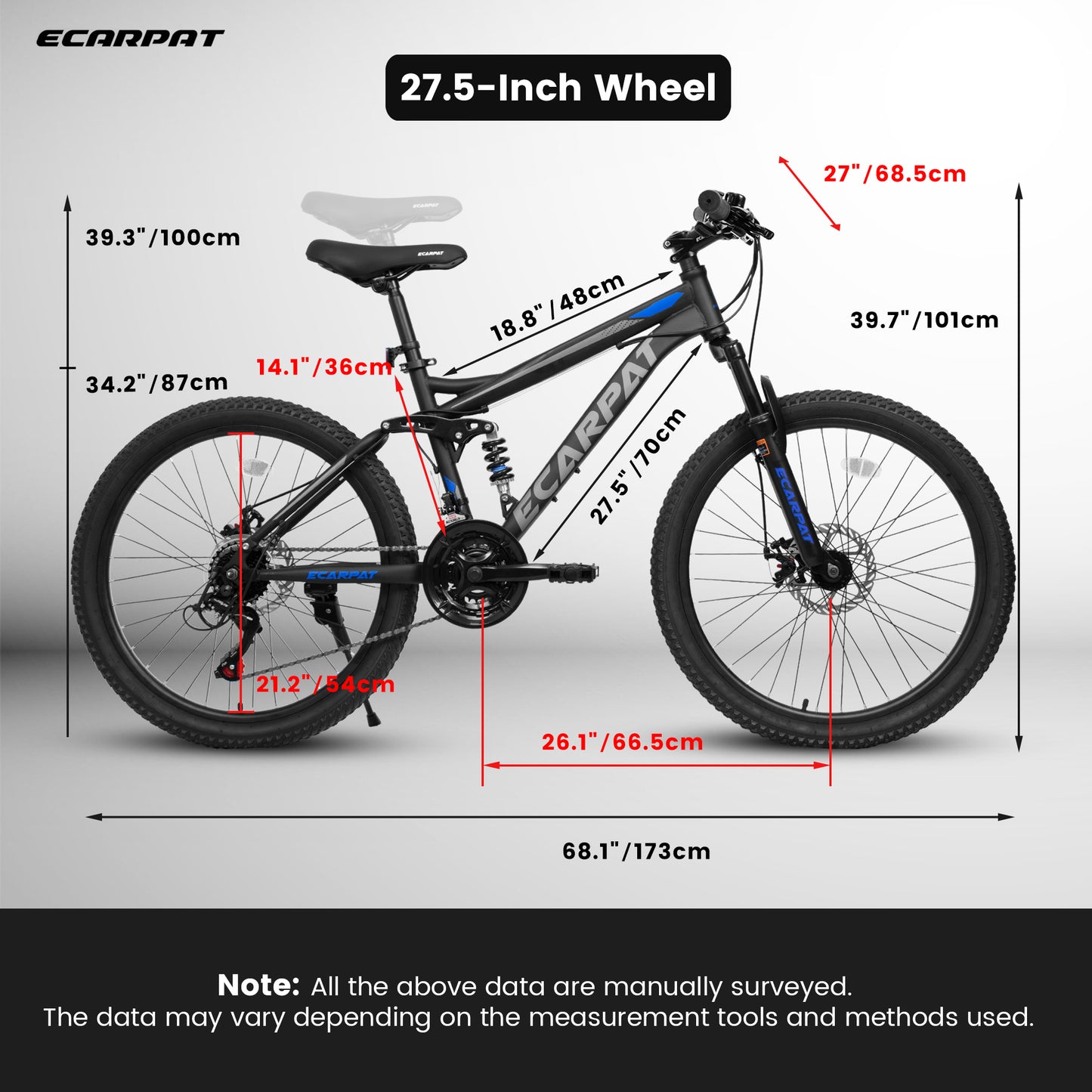 Ecarpat 27-Zoll-Räder, 21-Gang vollgefedertes Offroad-Mountainbike, Carbon-Stahlrahmen, Scheibenstoßdämpfer-Fahrrad