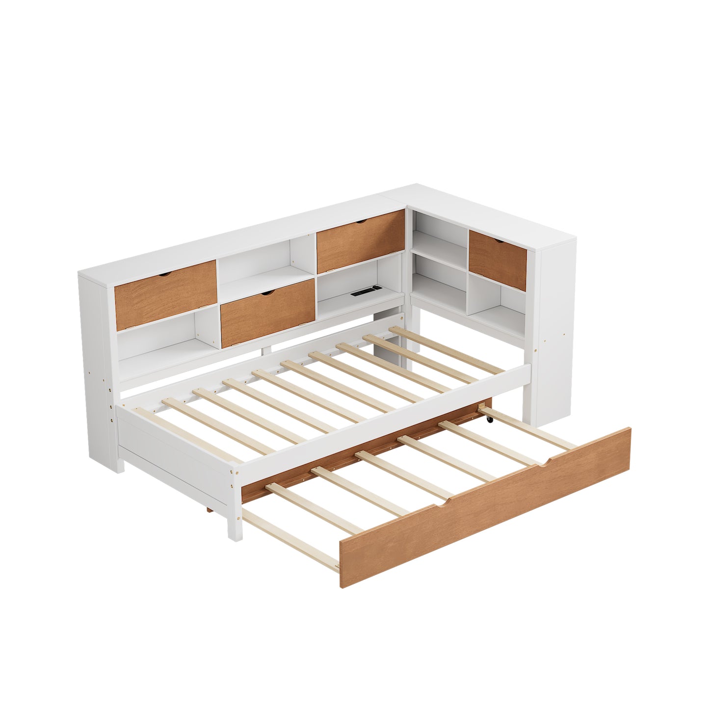 L-shaped bed frame with luggage and bookshelf, corner bed wooden captain's bed LED tube light and USB port walnut and white