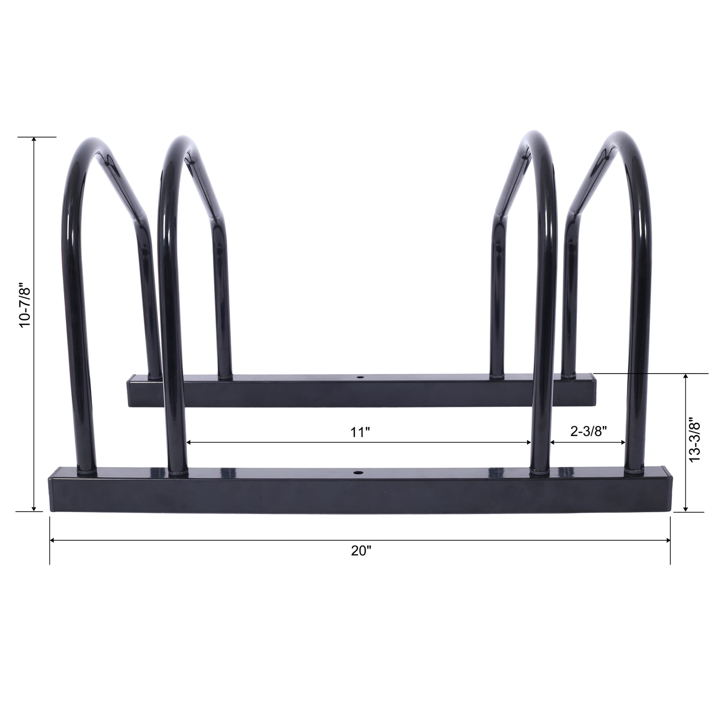 2 bicycle parking racks 22-28 inch wheel supports, maximum tire width 2.15 inches, black painted