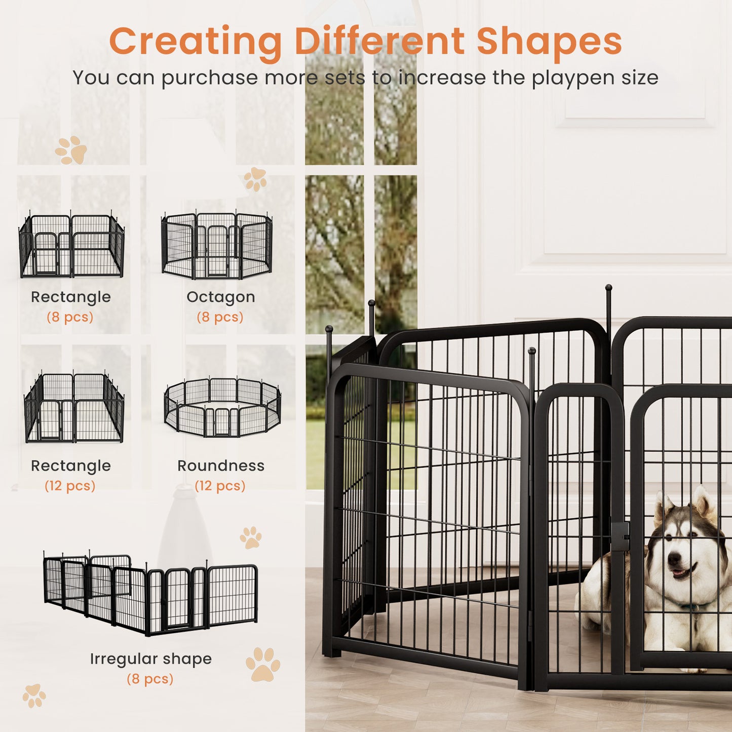 Outdoor 12 piece dog fence, 24 inch portable indoor game fence for small dog pets. Black, 22.2 inches wide x 23.6 inches high.