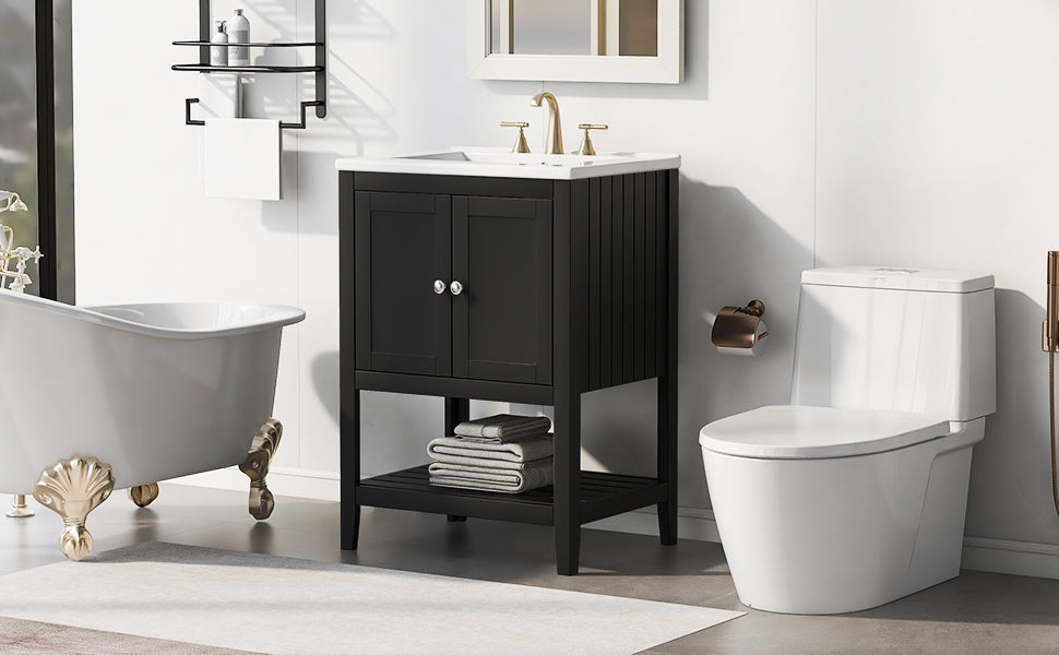 24" Black Modern Sleek Bathroom Vanity Elegant Ceramic Sink with Solid Wood Frame Open Style Shelf - NOVADI