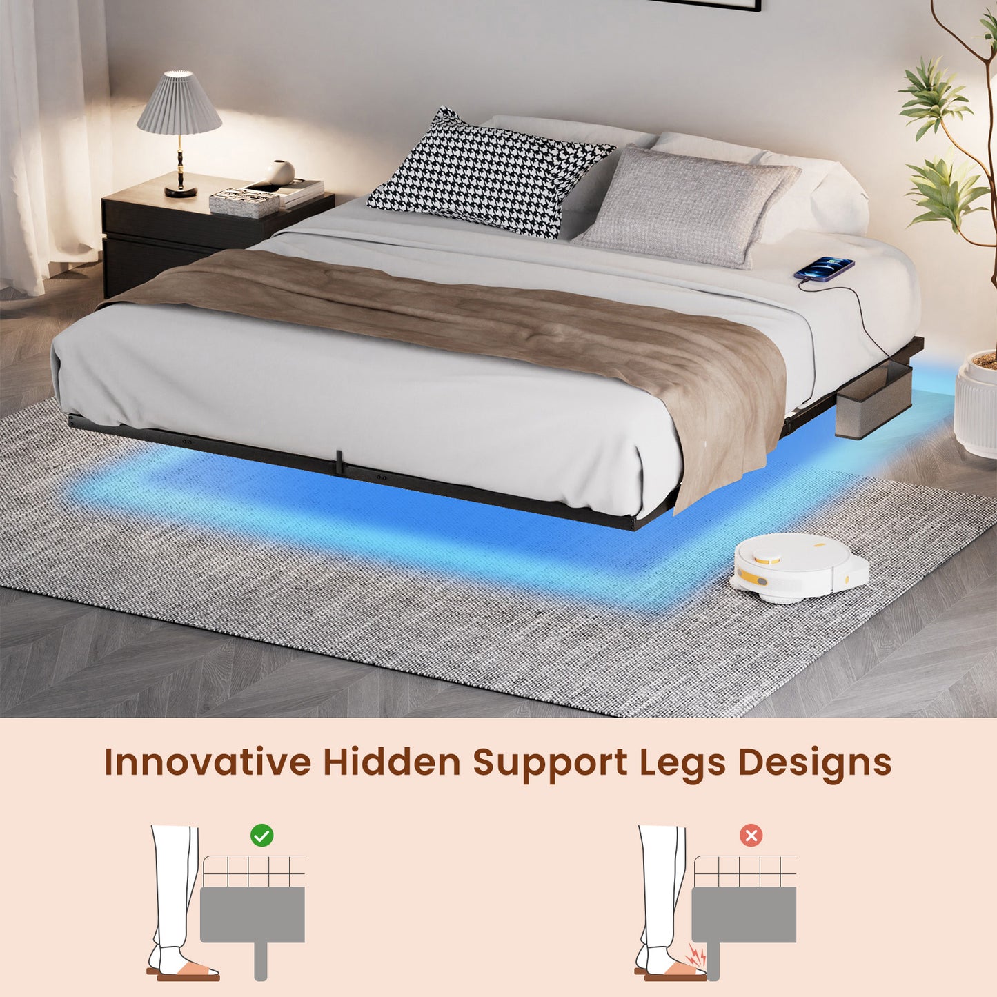 Floating Bed Frame King Size with LED Lights ＆ charging station, Metal Platform Queen Bed, 79.9'' L x 76.2'' W x 7.9'' H.