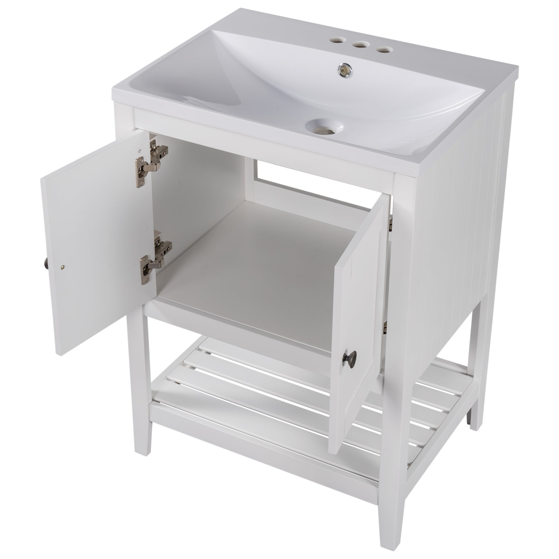 24" White Modern Sleek Bathroom Vanity Elegant Ceramic Sink with Solid Wood Frame Open Style Shelf - NOVADI