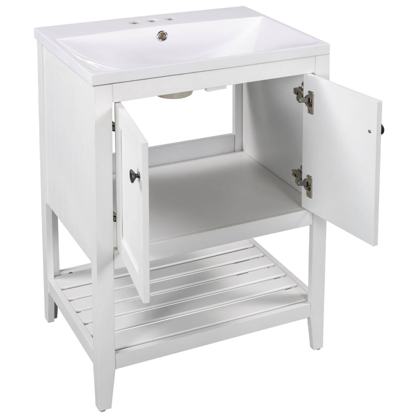 24" White Modern Sleek Bathroom Vanity Elegant Ceramic Sink with Solid Wood Frame Open Style Shelf - NOVADI