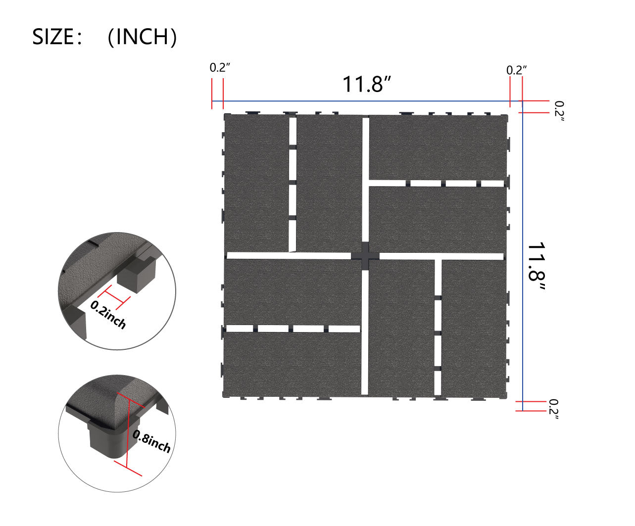 Plastic interlocking deck tiles, 44 terrace deck tiles, 12 "x12" square waterproof terrace floor tiles, gray