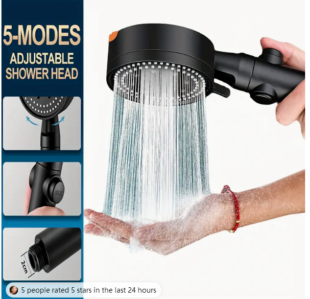 1pc High-Pressure Shower Head, Multi-Functional Hand Held Sprinkler With 5 Modes, 360°Adjustable Detachable Hydro Jet Shower Hea - NOVADI