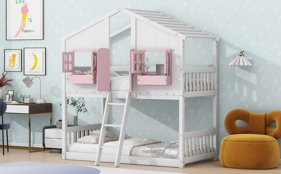 Twin over Twin House Bunk Bed with Roof , Window, Window Box, Door , with Safety Guardrails and Ladder, Pink/White