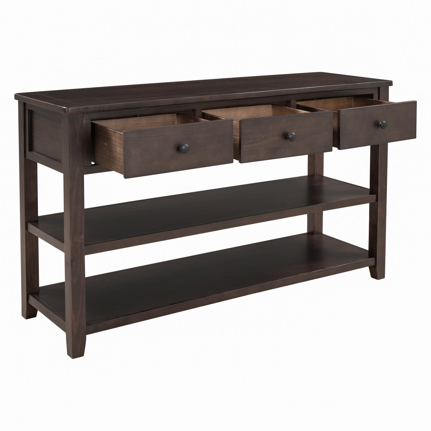 Retro Design Console Table with Two Open Shelves, Pine Solid Wood Frame and Legs for Living Room (Espresso)