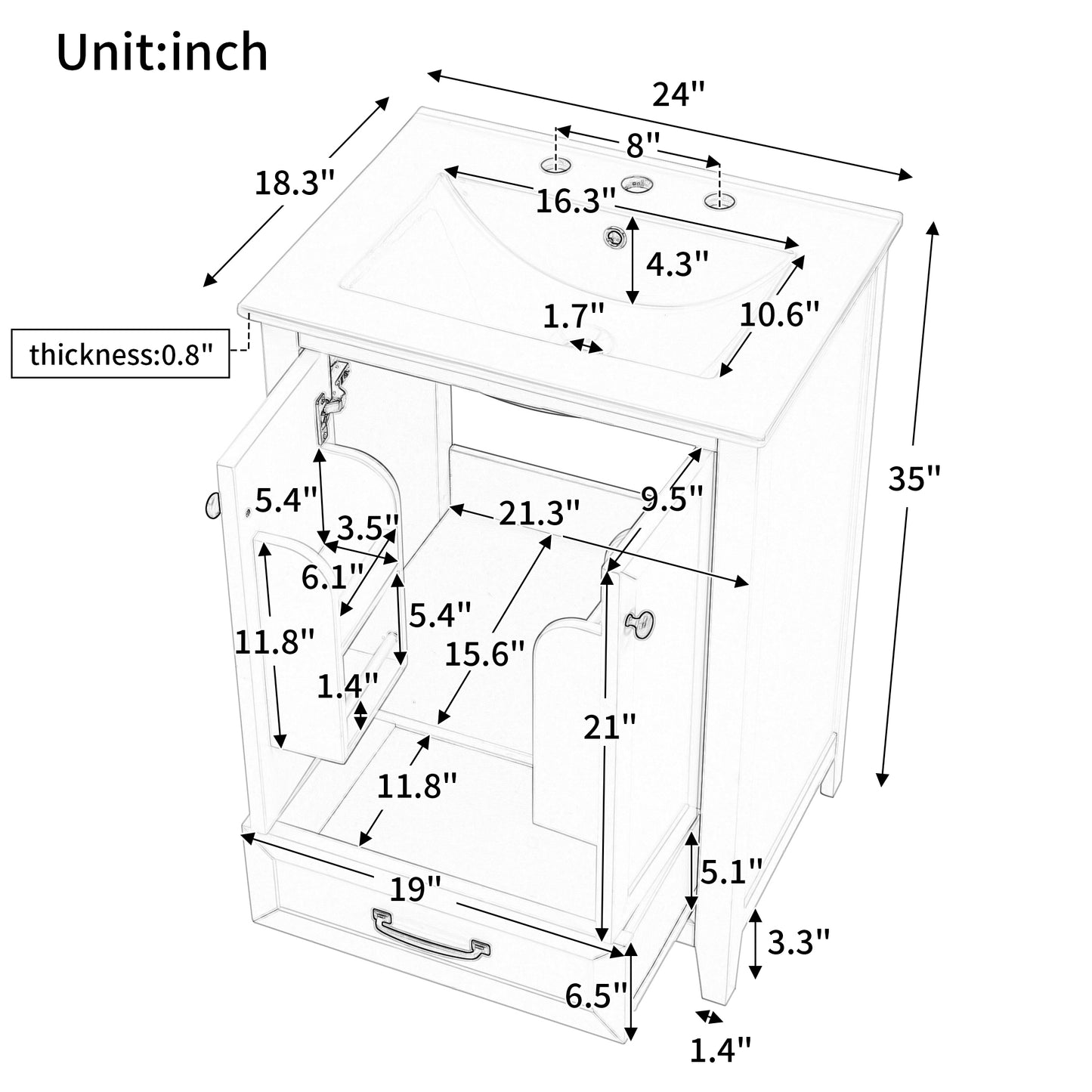 24-Zoll-Badezimmerwaschtisch mit Waschbecken, Badezimmerwaschtischunterschrank mit einer Schublade und Türen, Massivholz und MDF, weiß