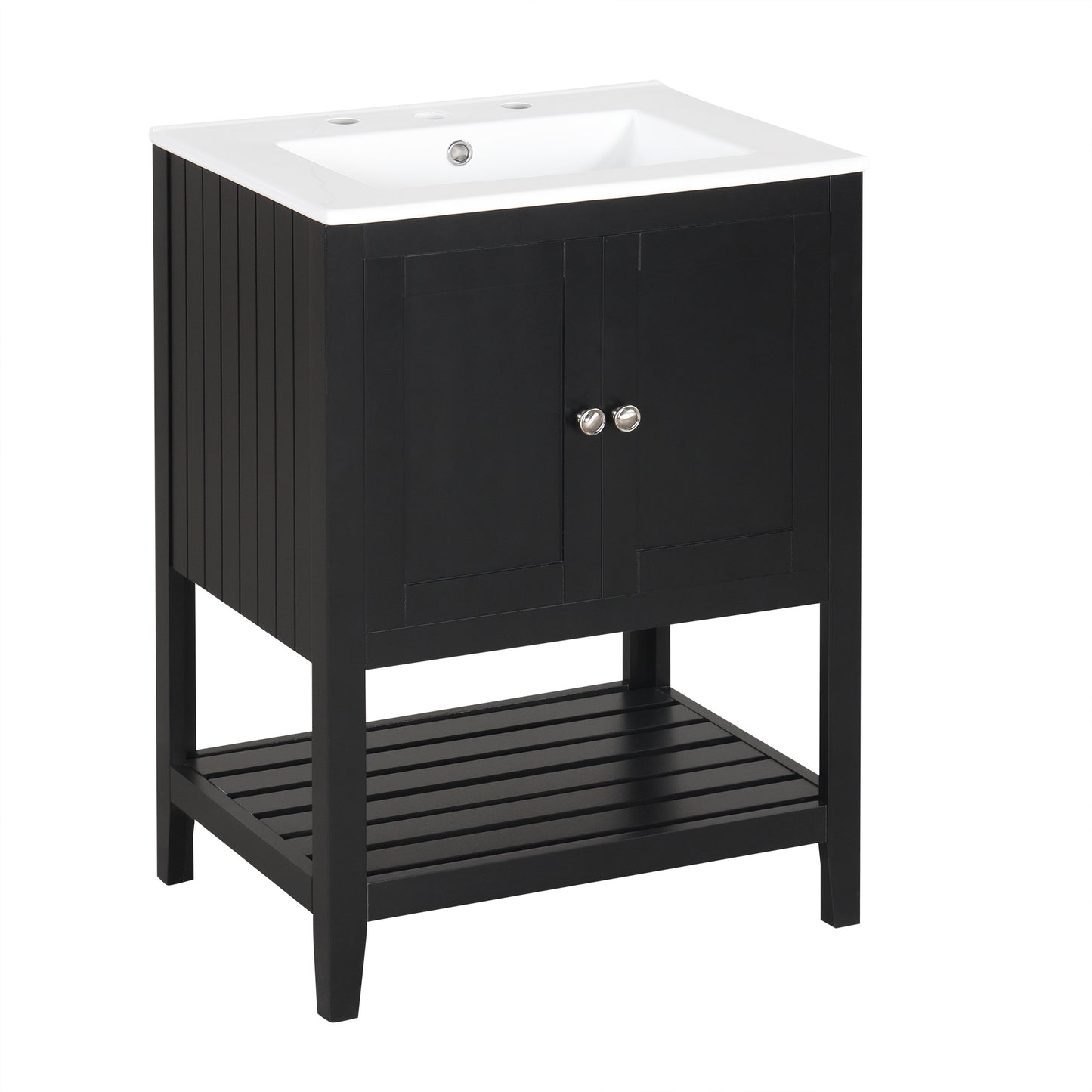 24" Black Modern Sleek Bathroom Vanity Elegant Ceramic Sink with Solid Wood Frame Open Style Shelf - NOVADI