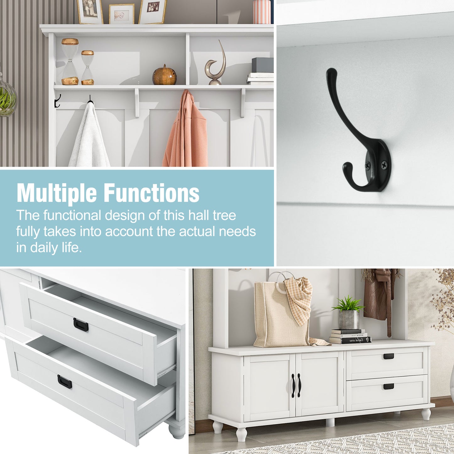 ON-TREND Modern Style Hall Tree with Storage Cabinet and 2 Large Drawers, Widen Mudroom Bench with 5 Coat Hooks, White