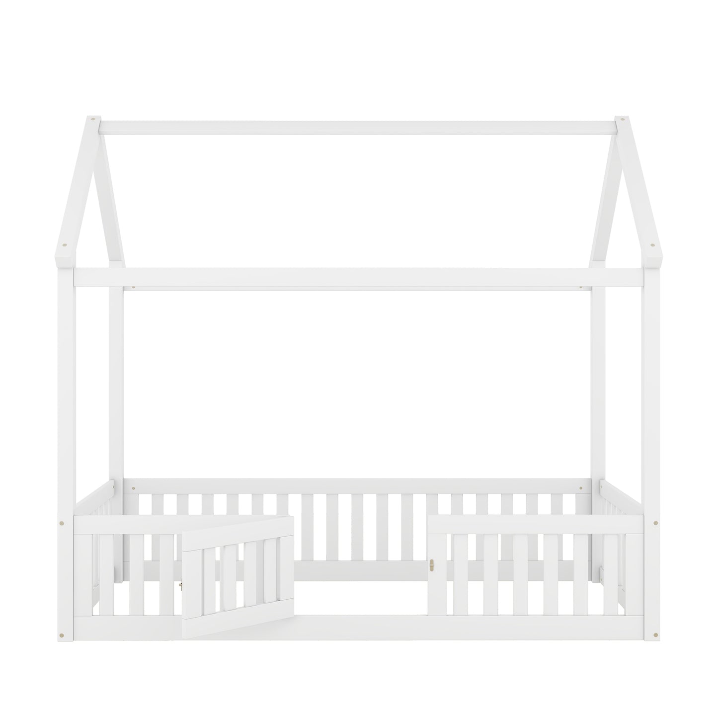 Twin Size Wood House Bed with Fence and Door, White