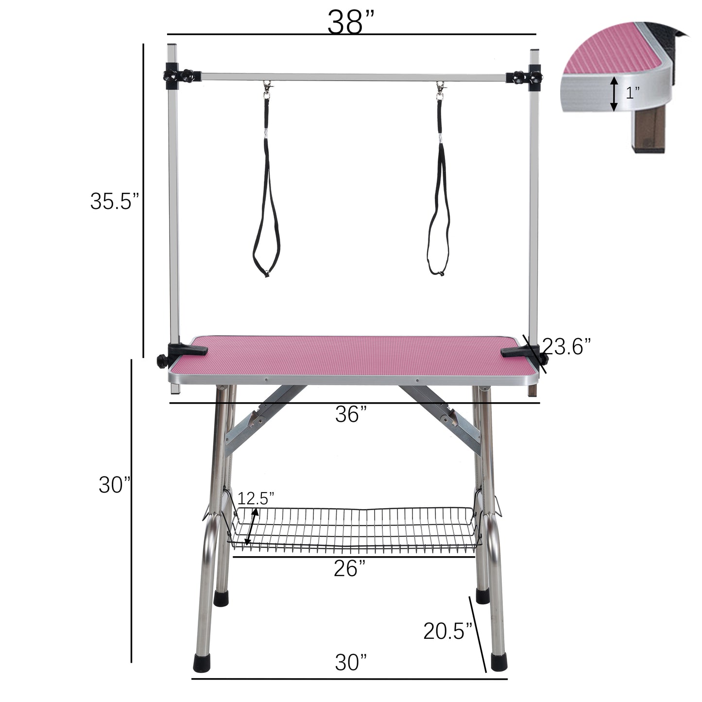 36 inch folding pet grooming table with stainless steel frame and rubber pad, equipped with adjustable armrests and clips (pink) - NOVADI