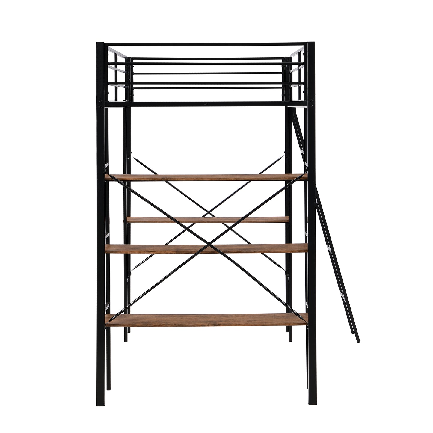 Twin Size Metal Loft Bed with Shelves and Desk, Black