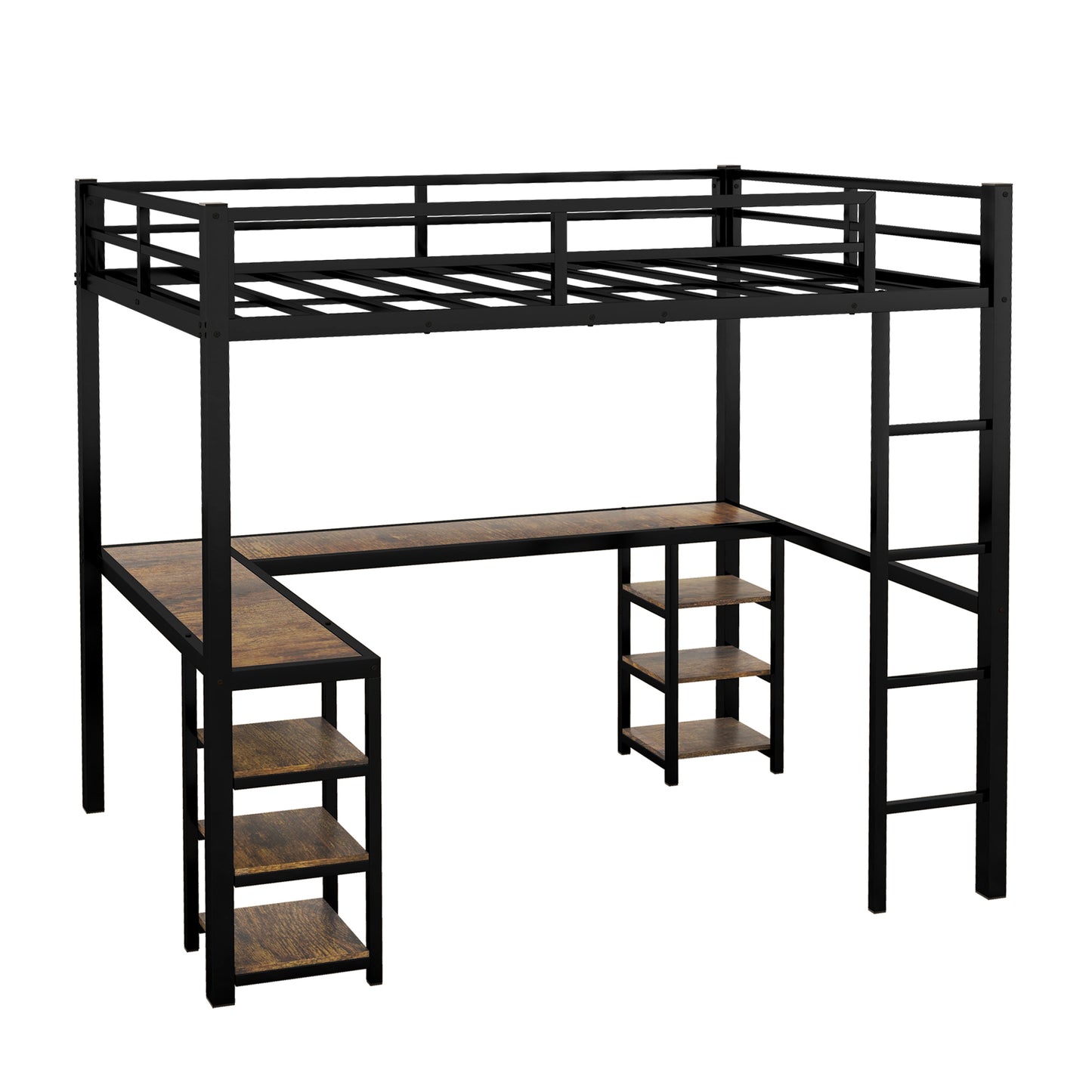 Full metal loft bed with desk and shelf, loft bed with ladder and guardrail, bedroom loft bed frame, black