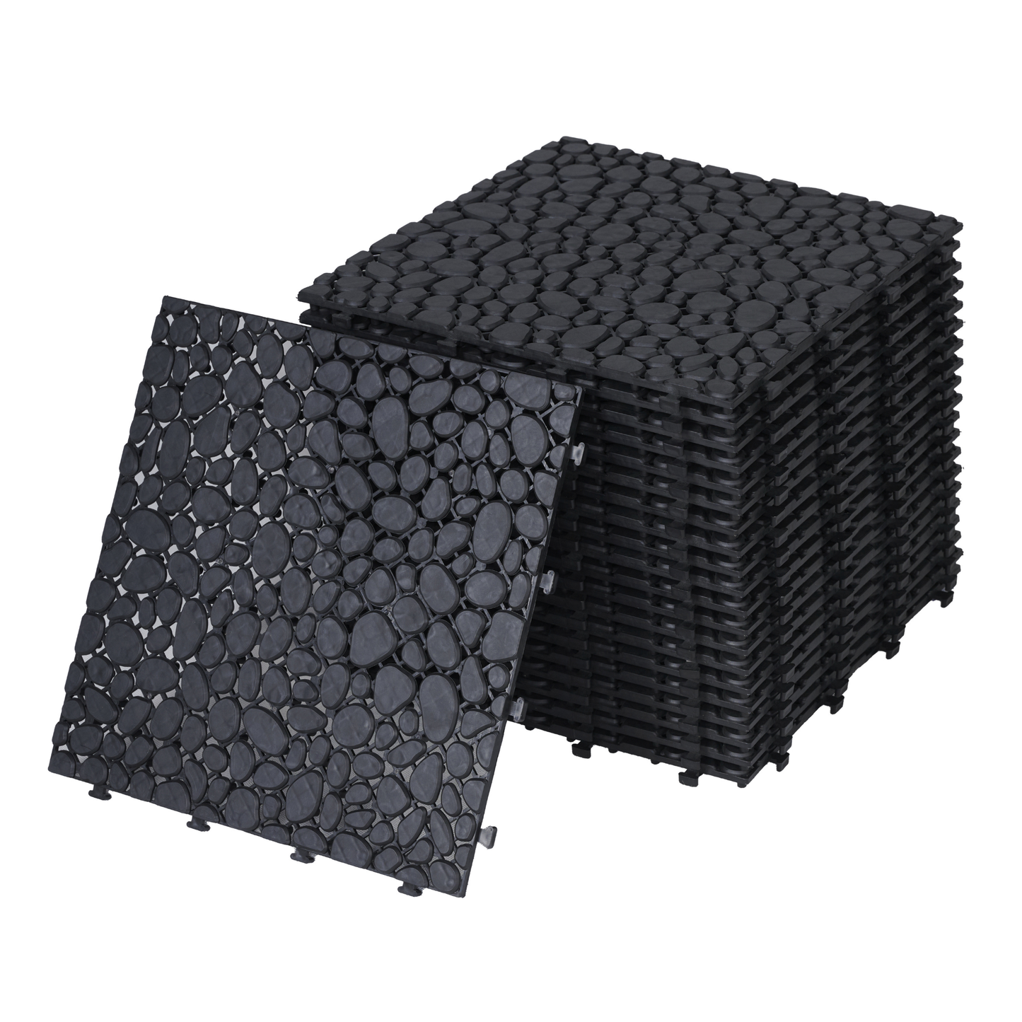 12 x 12 inch black interlocking deck tiles, plastic waterproofing, pebble pattern, pack of 12