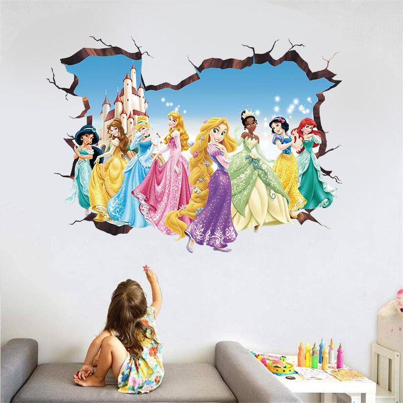 Princess Elsa 3D Wall Sticker Girl's Bedroom PVC Poster Self Adhesive Cartoon Princess Glass Wardrobe Wall Sticker