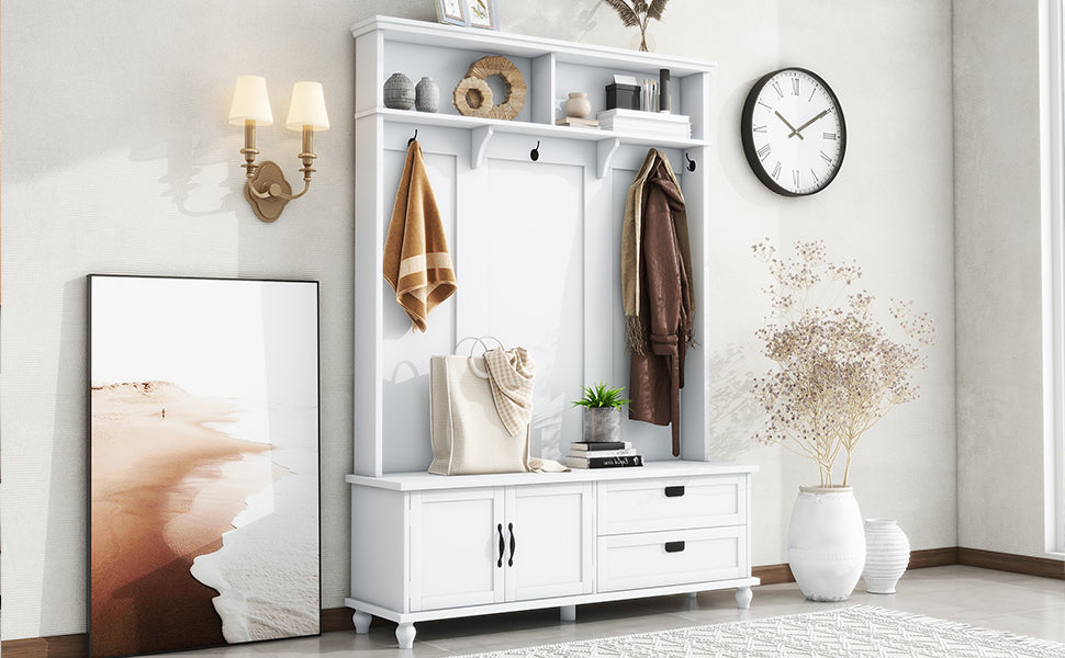 ON-TREND Modern Style Hall Tree with Storage Cabinet and 2 Large Drawers, Widen Mudroom Bench with 5 Coat Hooks, White