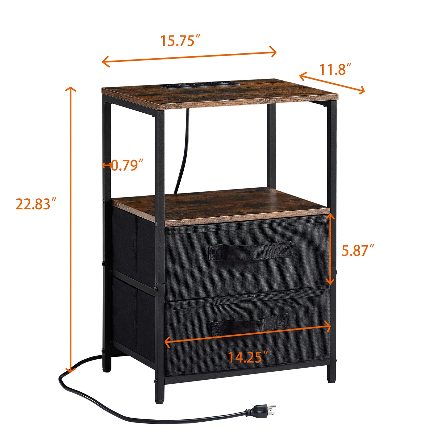 Tea table with charging station, bedside table with USB port, socket and cloth bag, 2 drawers