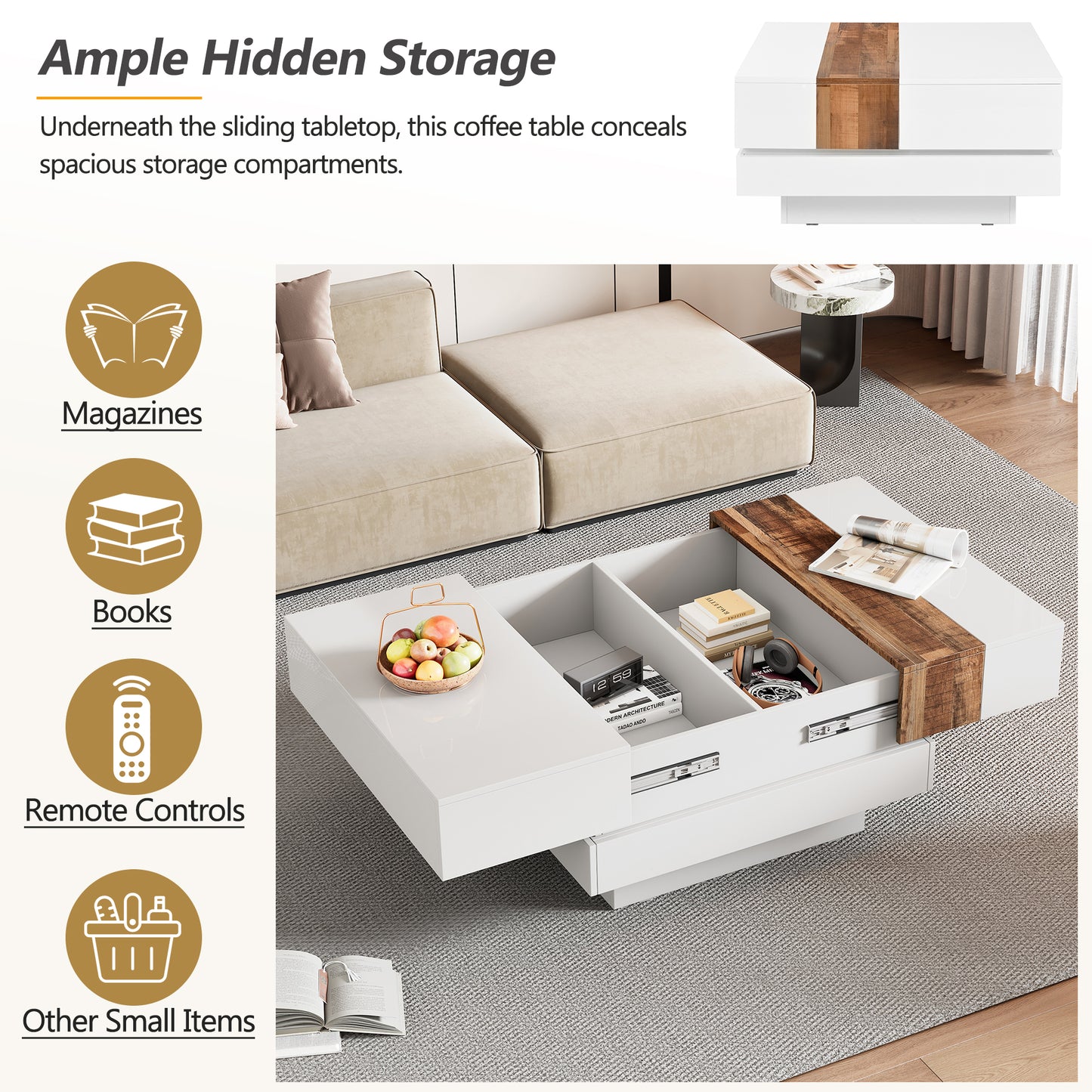 ON-TRANS 31.4 inches x 31.4 inches with sliding tabletop, high gloss center table, hidden storage room white