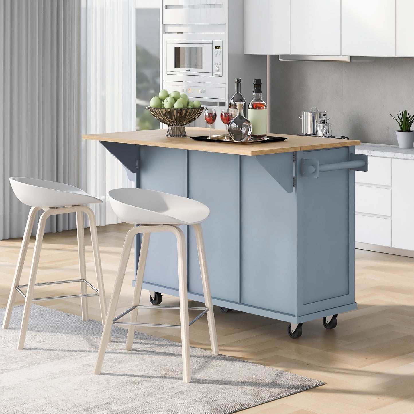 Kitchen handcart with rubber wood leaf countertop, storage cabinet, shelf, and 3 dining room drawers, gray blue