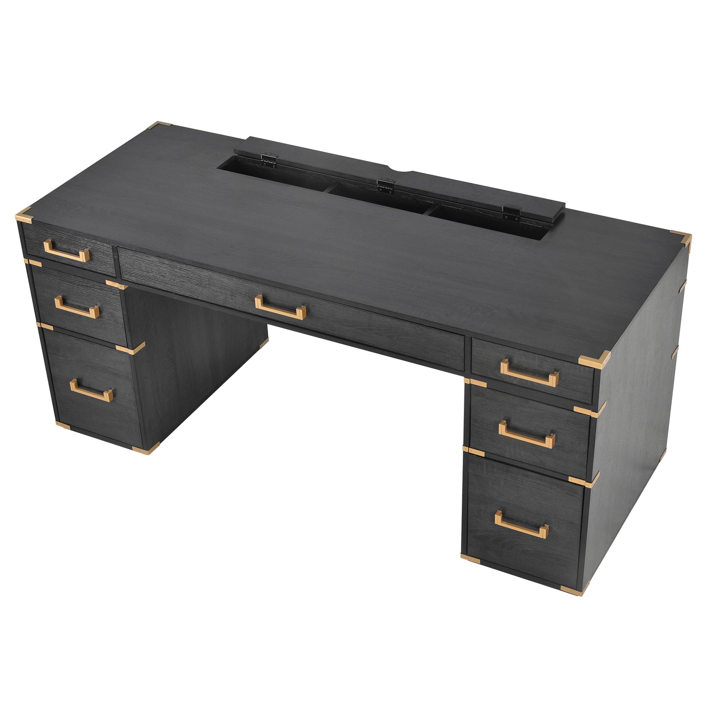 70 inch classic and traditional executive desk with metal trim, writing desk with 2 file drawers, USB ports, and sockets, black