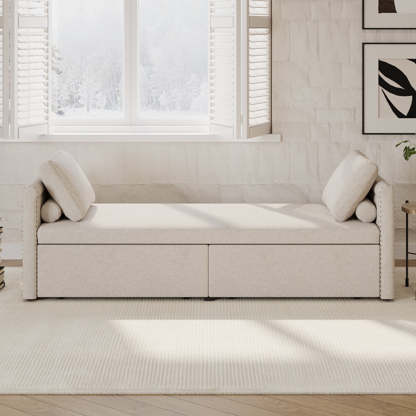 Modern cushioned lounge chair sofa bed with 2 drawers, small single sofa bed without mattress, linen, beige