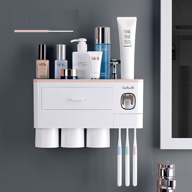 Wall-mounted toothbrush holder wash set household magnetic multi-purpose single drawer storage rack with toothpaste squeezer