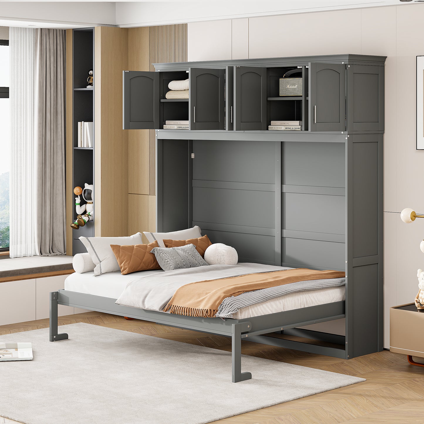 Full Size Murphy Bed Wall Bed with Top Cabinets,Gray