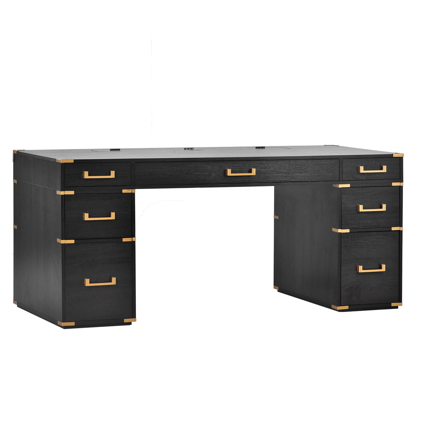 70 inch classic and traditional executive desk with metal trim, writing desk with 2 file drawers, USB ports, and sockets, black