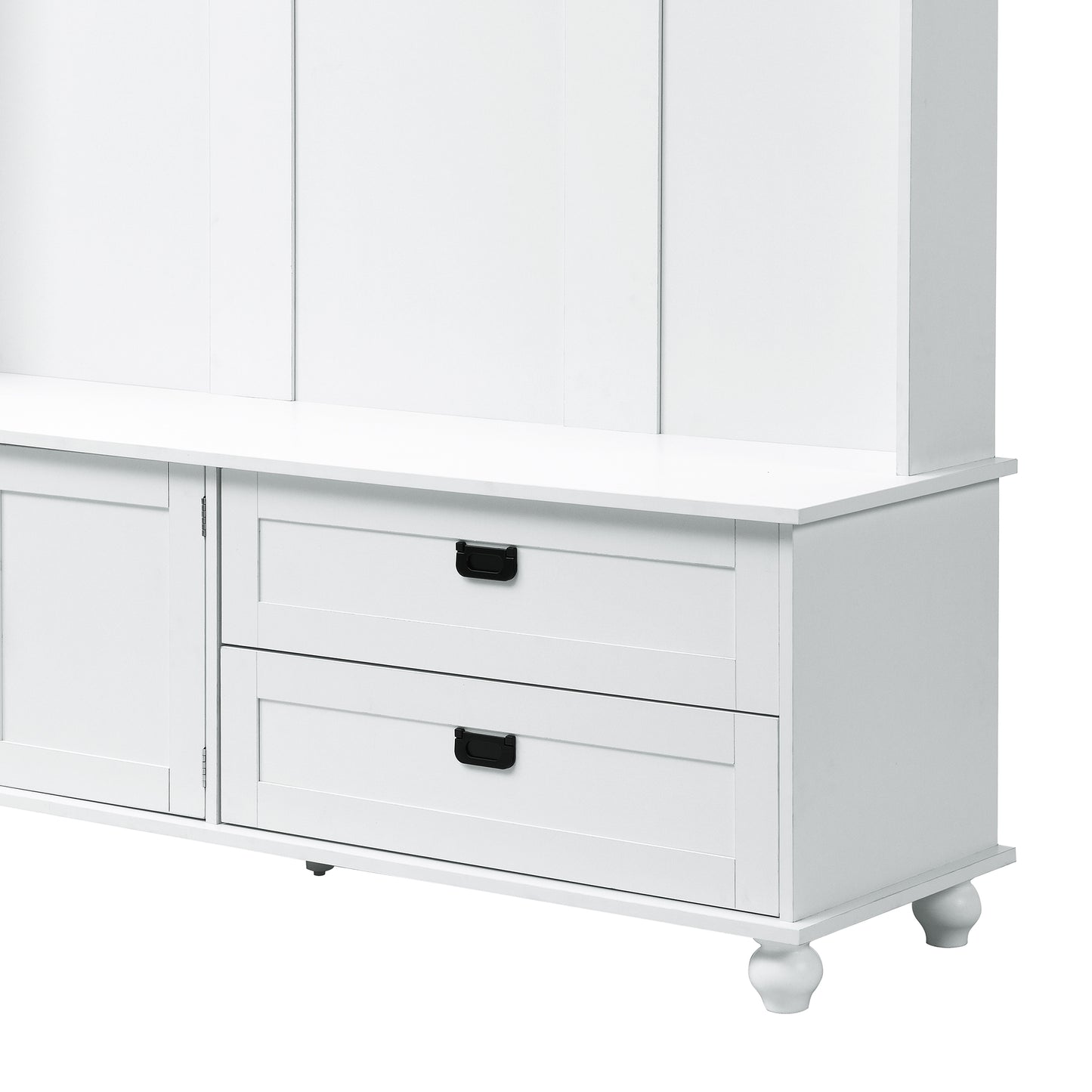 ON-TREND Modern Style Hall Tree with Storage Cabinet and 2 Large Drawers, Widen Mudroom Bench with 5 Coat Hooks, White