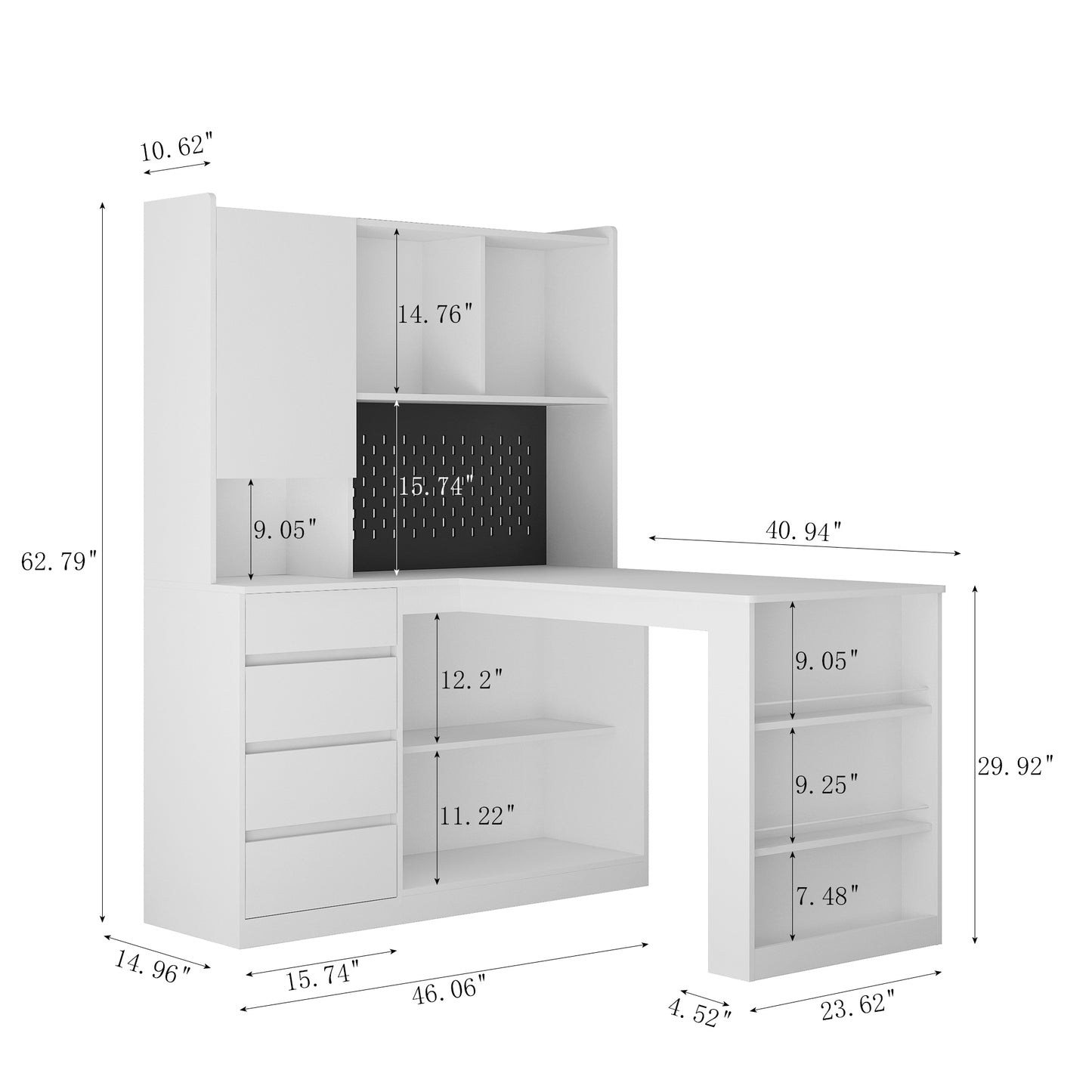 L-shaped office desk with charger, bookshelf with drawers and LED lights, and corner gaming computer desk with storage space