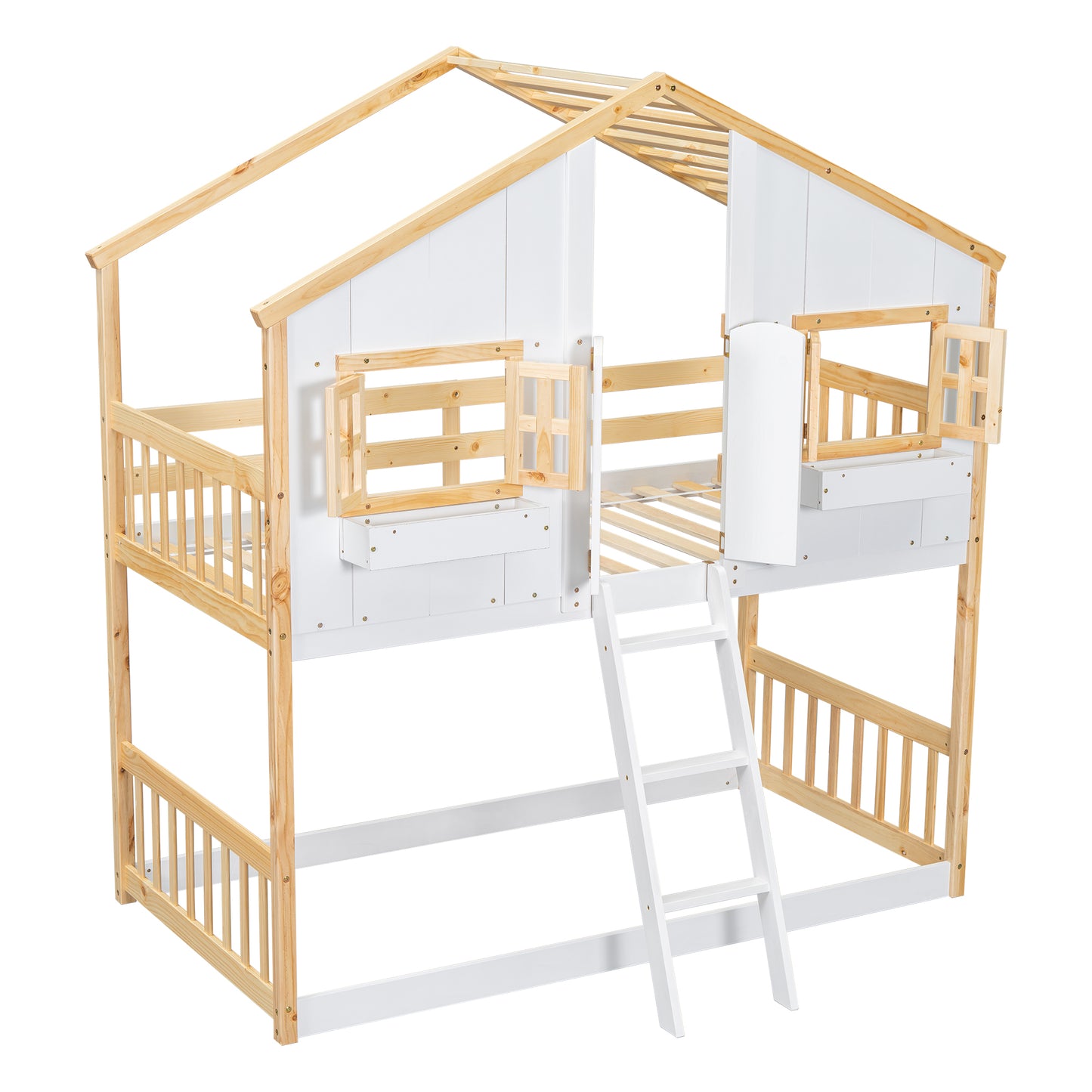 Twin over Twin House Bunk Bed with Roof , Window, Window Box, Door , with Safety Guardrails and Ladder, Natural/White