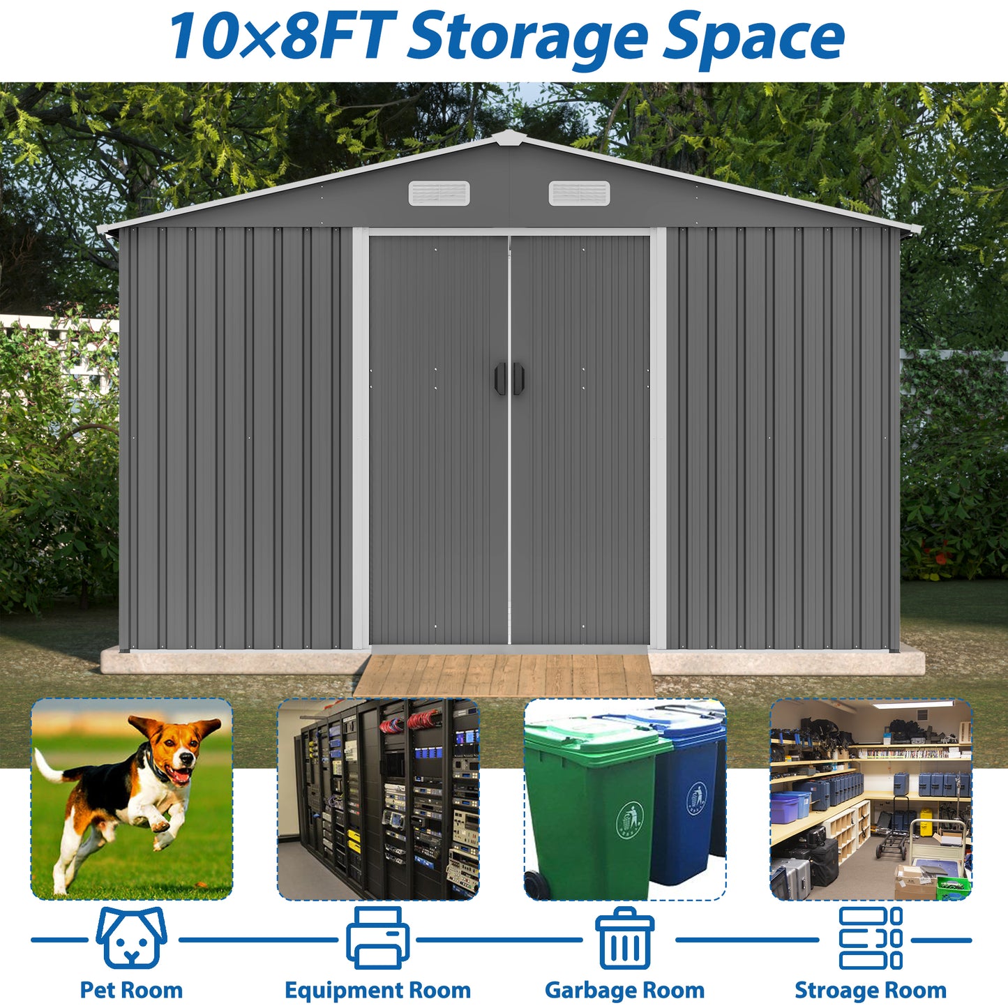 10X8 FT outdoor tool storage shed with metal foundation and lockable door, all-weather metal shed, gray