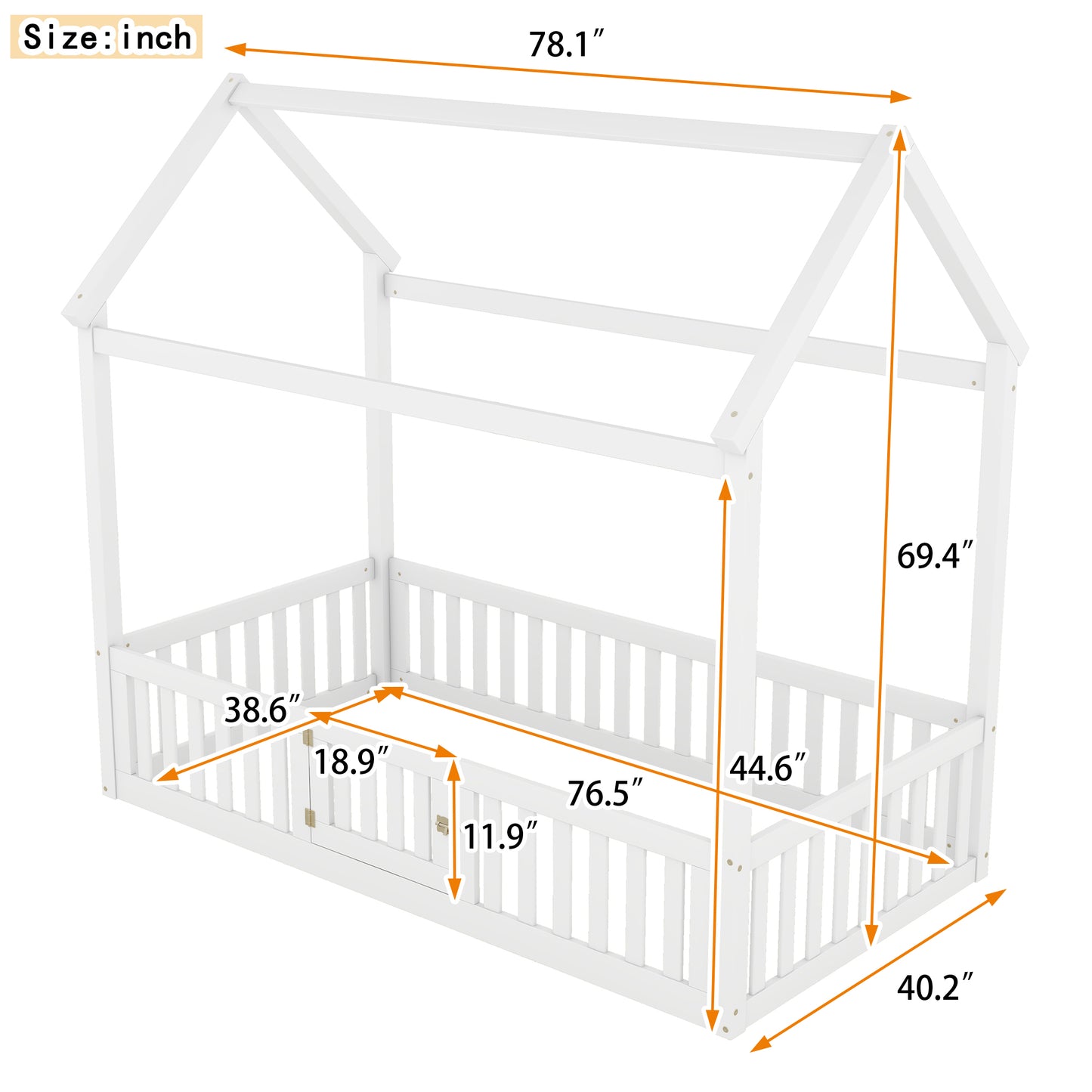 Twin Size Wood House Bed with Fence and Door, White