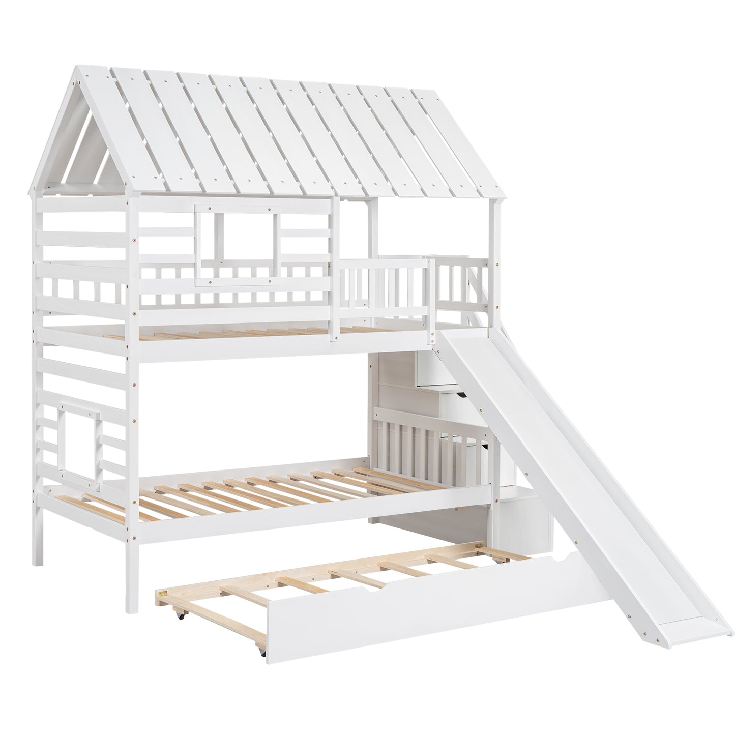 Twin over Twin House Bunk Bed with Trundle and Slide Storage Staircase Roof and Window Design  White