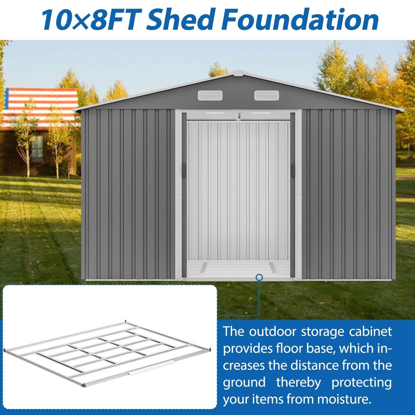 10X8 FT outdoor tool storage shed with metal foundation and lockable door, all-weather metal shed, gray