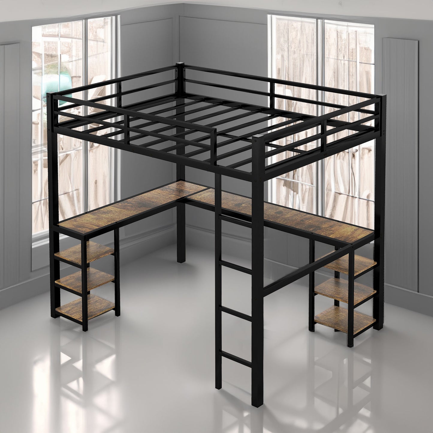 Full metal loft bed with desk and shelf, loft bed with ladder and guardrail, bedroom loft bed frame, black