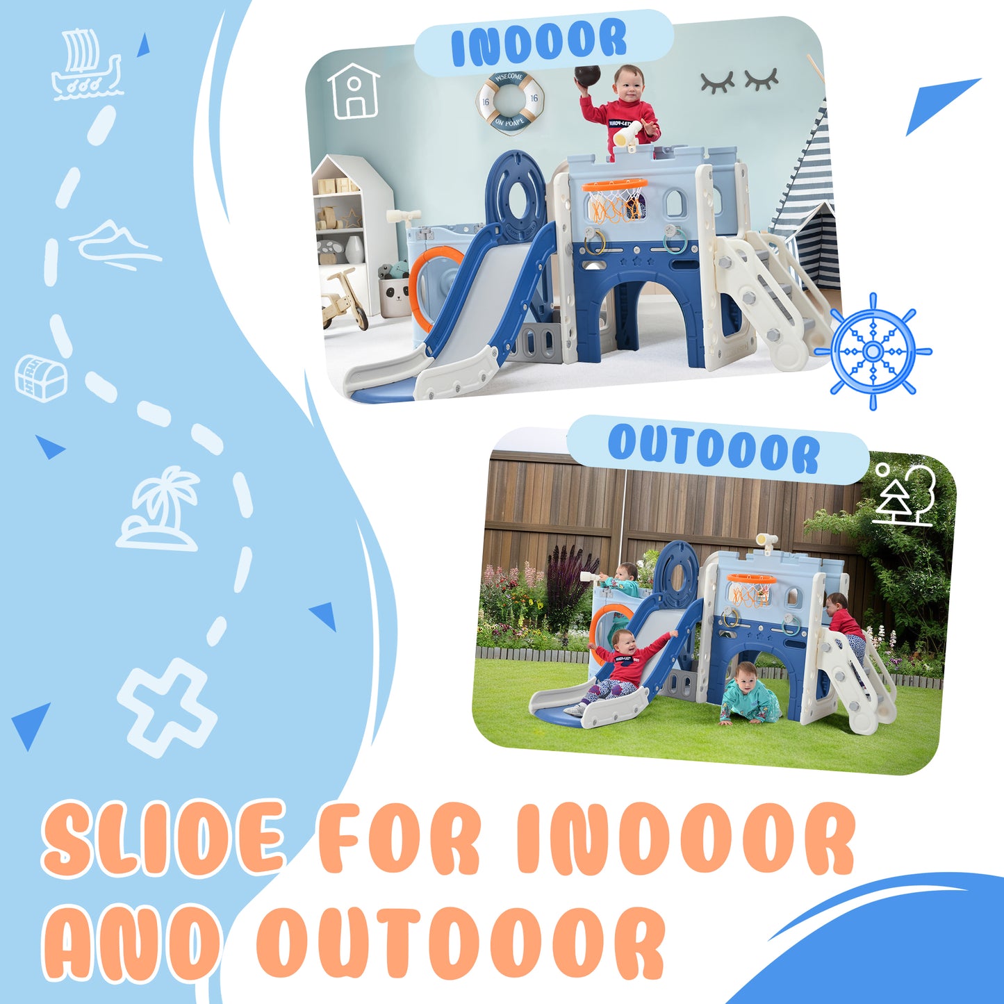 10-1 Toddler Slide Set,Kids Slide for Toddlers Ages 1+, Basketball Hoop Pirate Ship Themed Slide with Ship Head Indoor& Outdoor