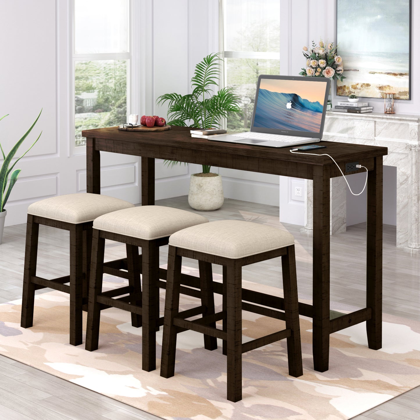 TOPMAX 4 Pieces Counter Height Table with Fabric Padded Stools, Rustic Bar Dining Set with Socket, Brown