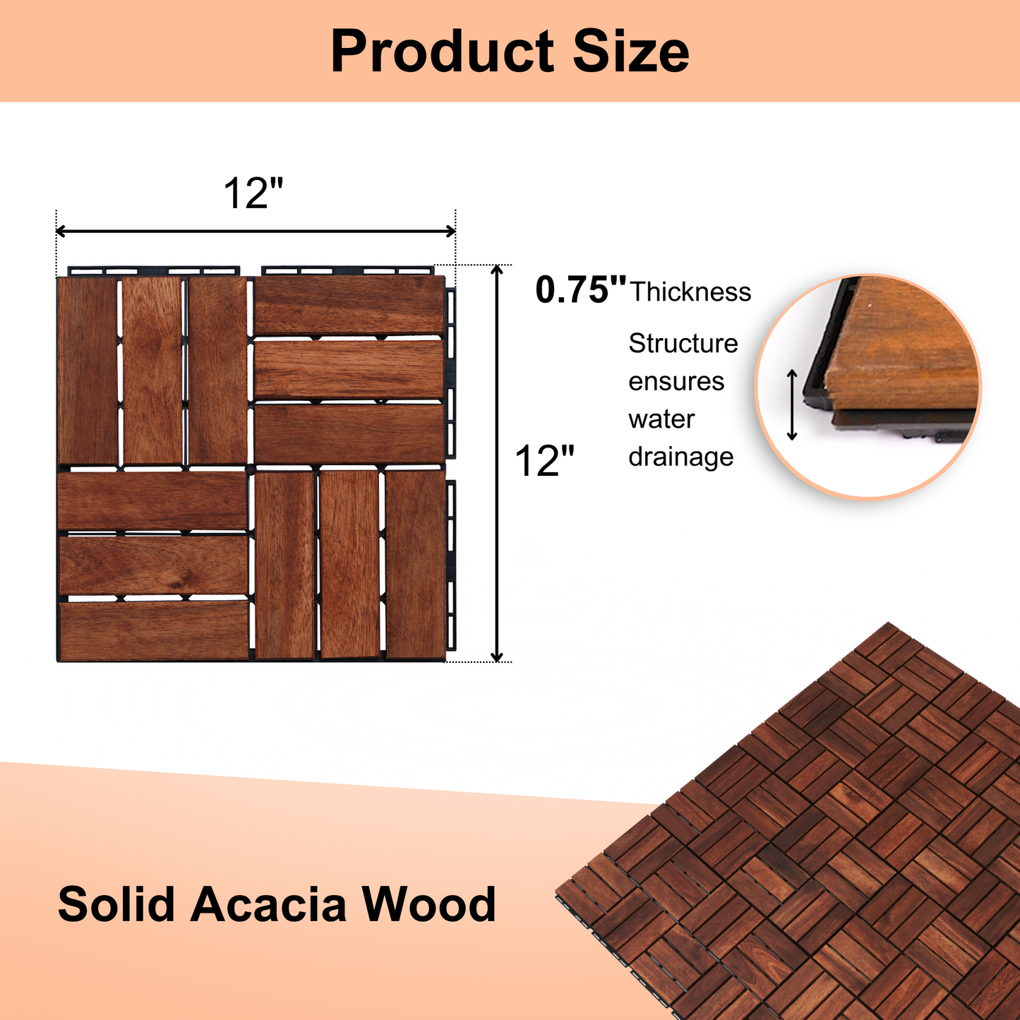 Acacia interlocking deck tile grid pattern, 10 pieces of 12 inch x 12 inch square brown Acacia hardwood outdoor flooring