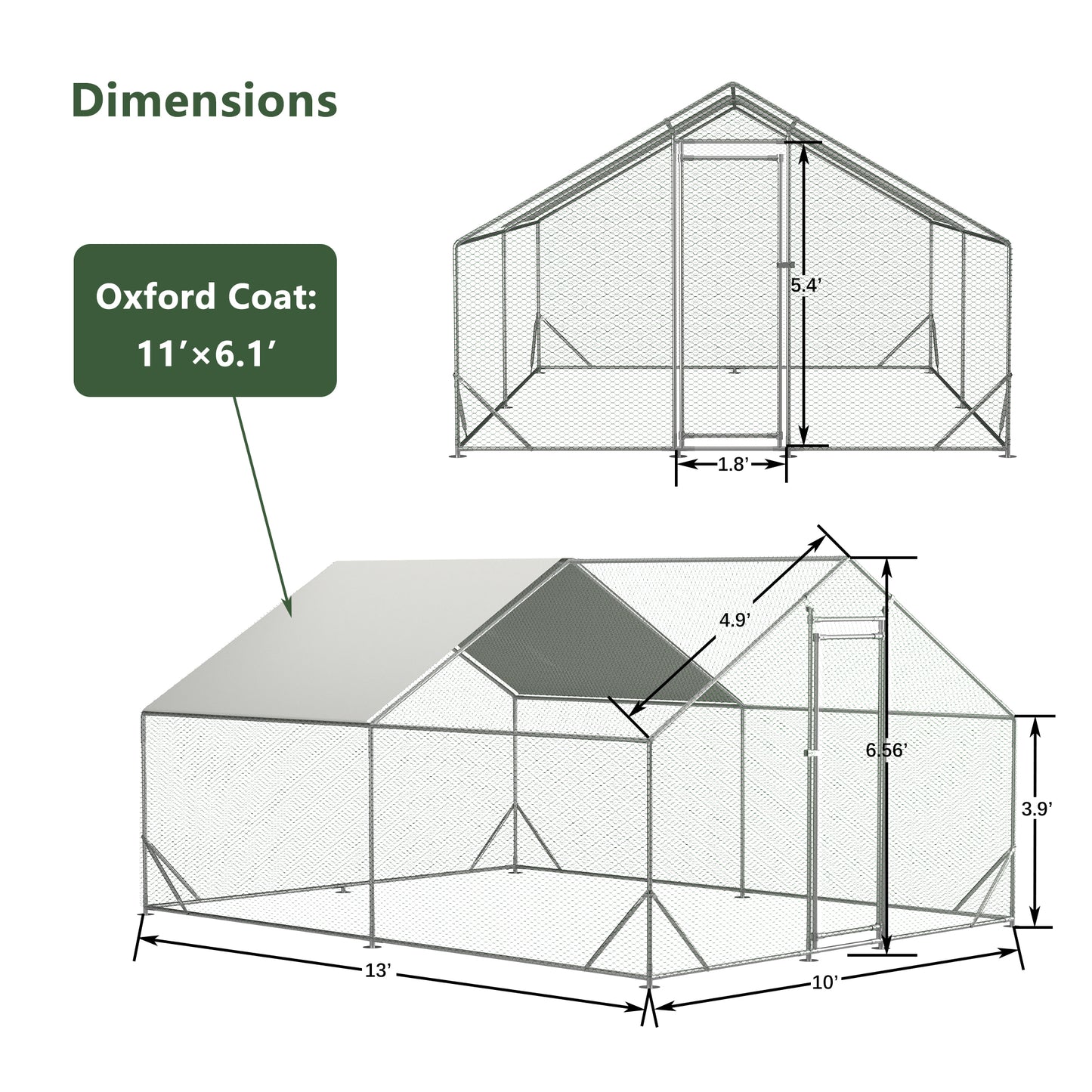 Large metal chicken cage, galvanized iron ribbon waterproof and UV resistant cover (10 'long x 13' wide x 6.56 'high) - NOVADI