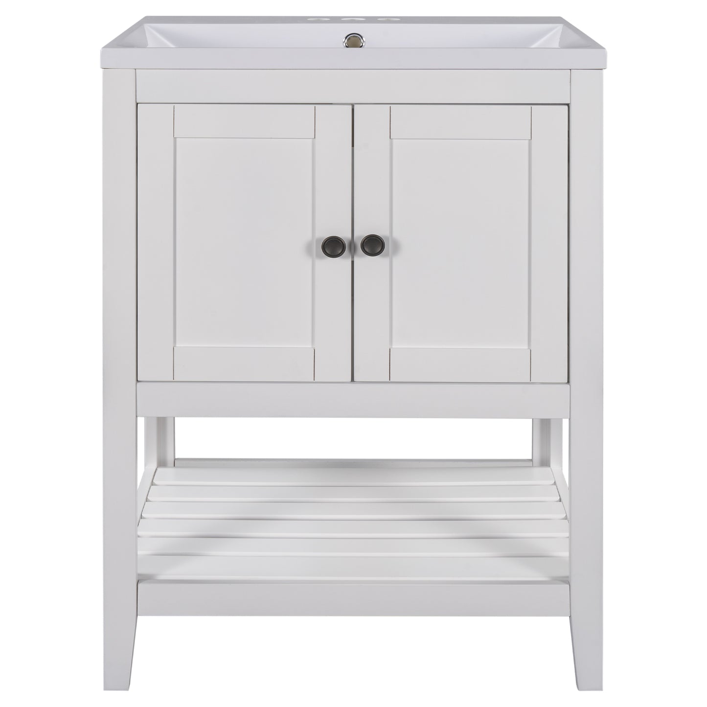 24" White Modern Sleek Bathroom Vanity Elegant Ceramic Sink with Solid Wood Frame Open Style Shelf - NOVADI