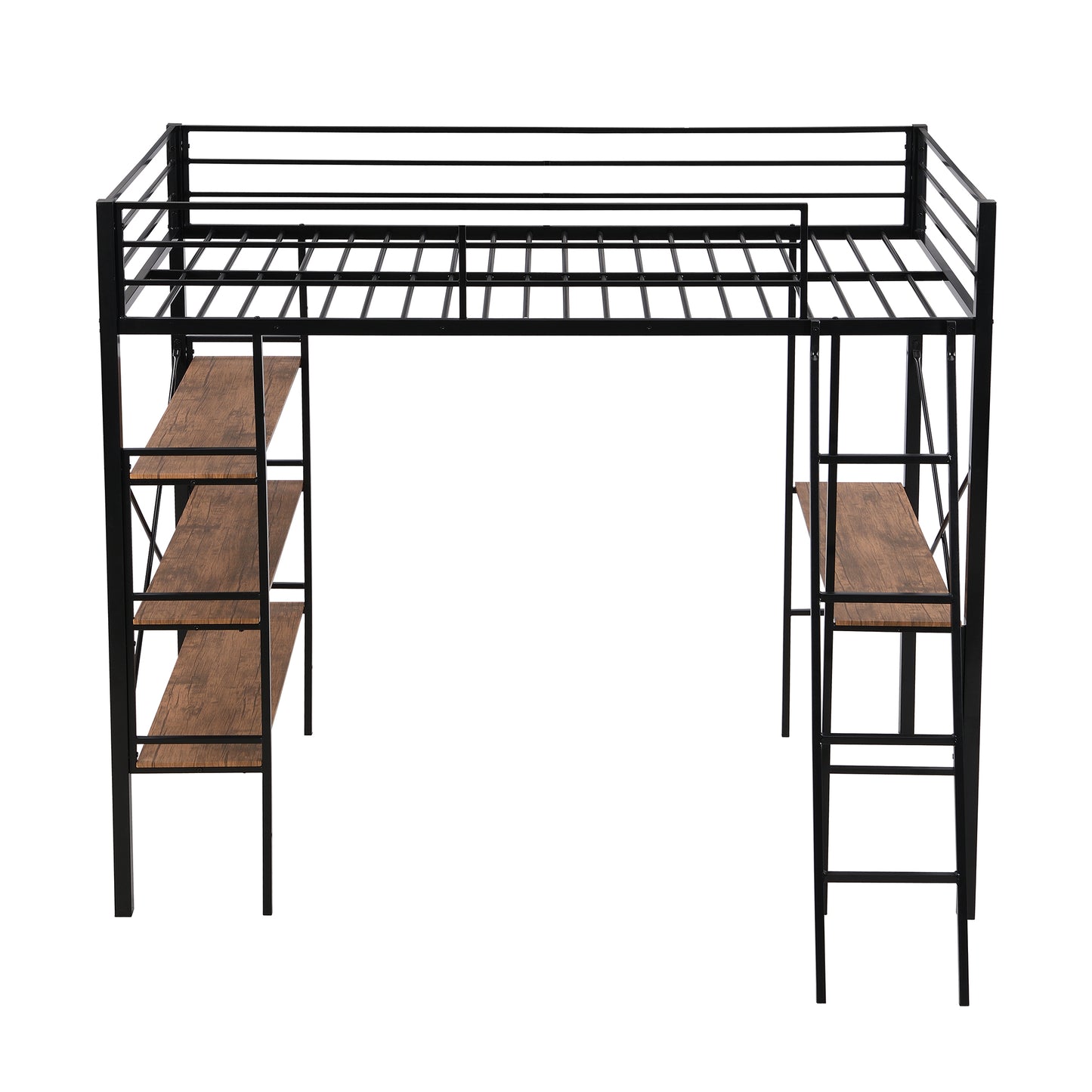 Twin Size Metal Loft Bed with Shelves and Desk, Black