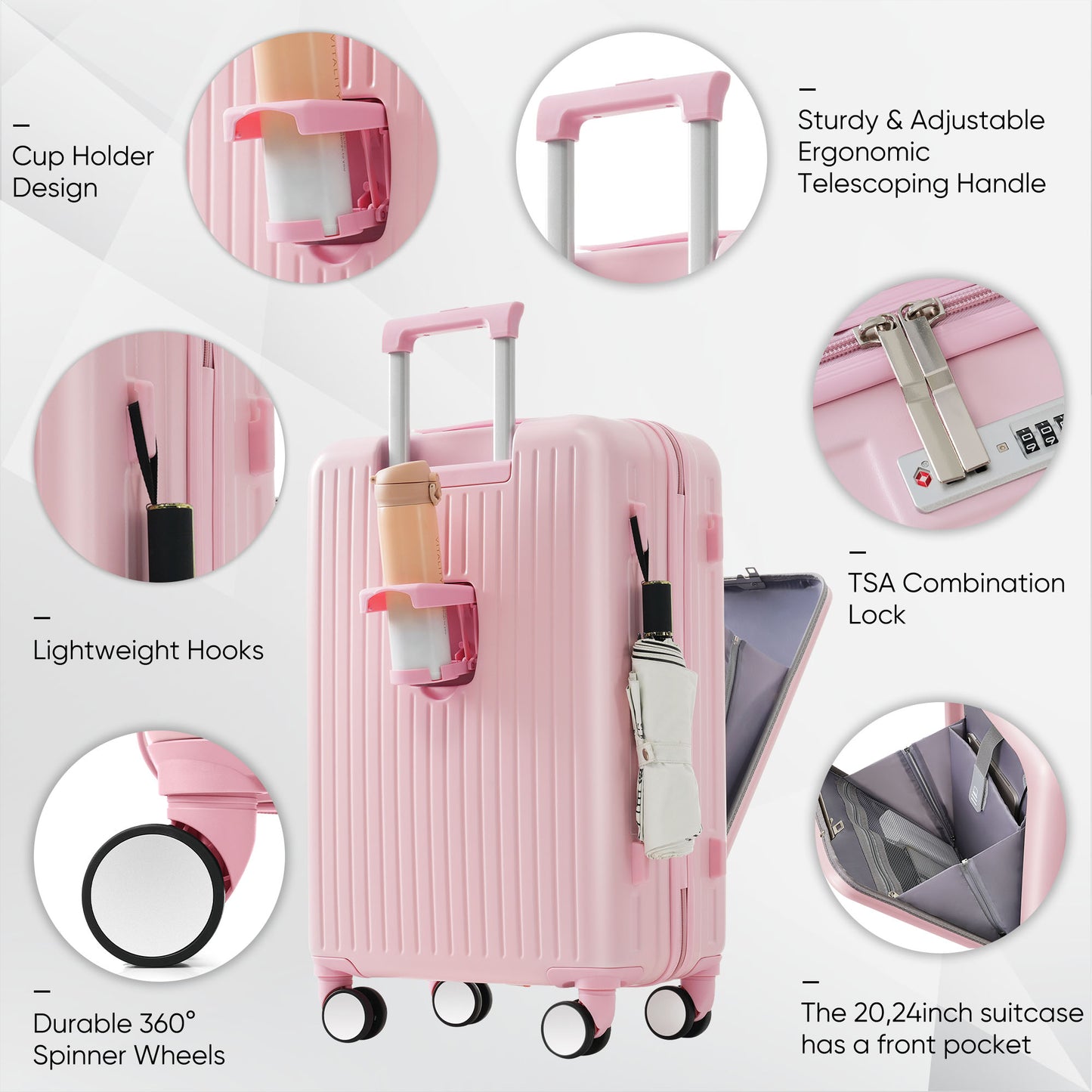 Luggage Set of 3, 20, 24, 28 inch luggage set with USB port, cup holder, ABS hard shell with rotating wheels, pink