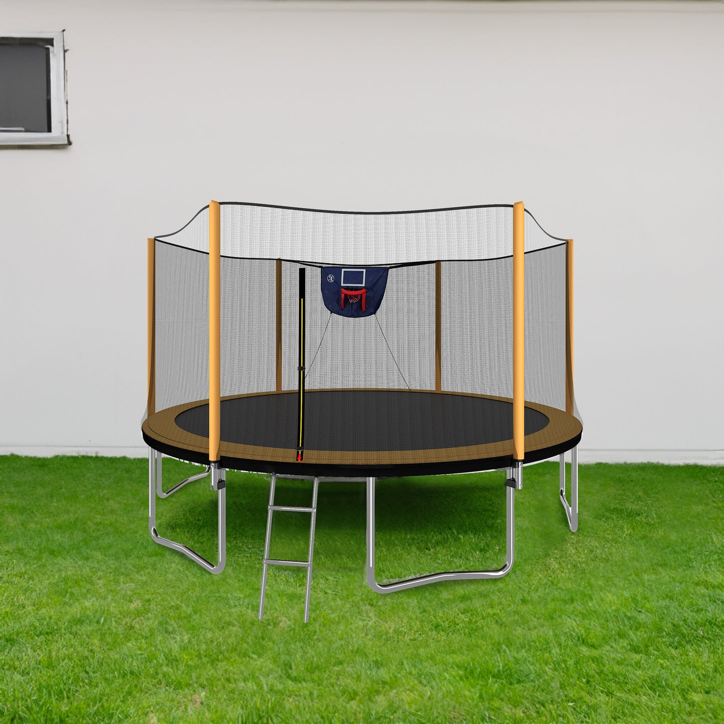 14FT Powder-coated Advanced Trampoline with Basketball Hoop Inflator and Ladder(Outer Safety Enclosure) Orange