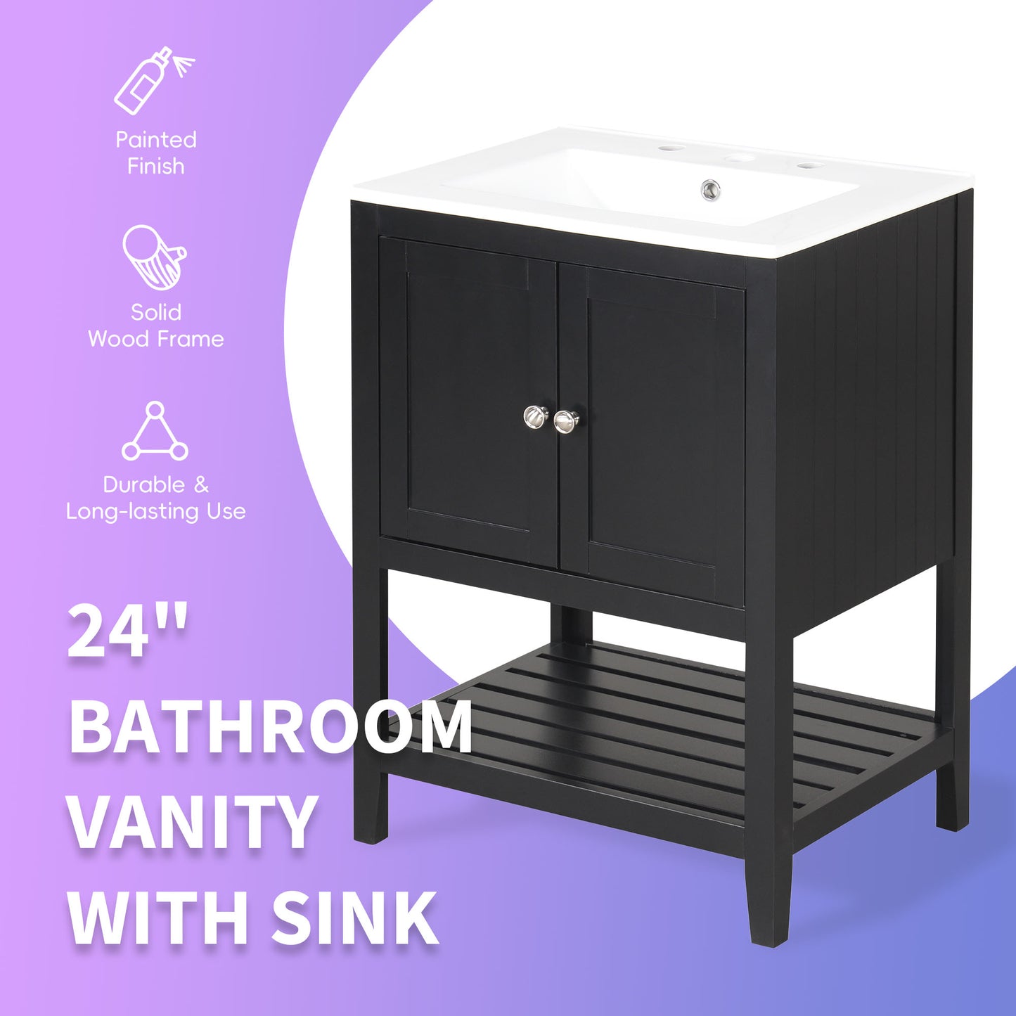 24" Black Modern Sleek Bathroom Vanity Elegant Ceramic Sink with Solid Wood Frame Open Style Shelf - NOVADI