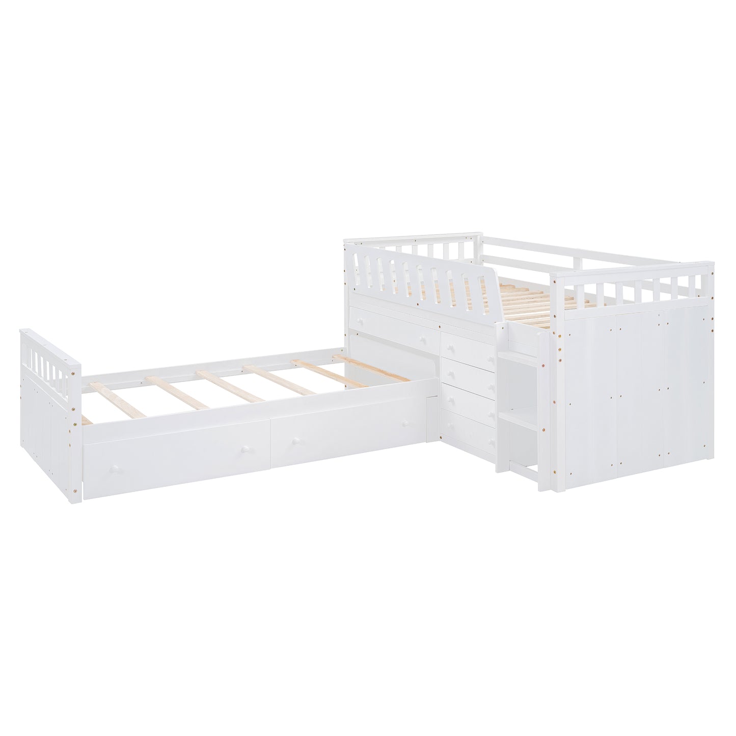 L-shaped Space-Saving Twin Loft and Twin Platform Bed with 7 Drawers and Full Guardrails(WHITE)