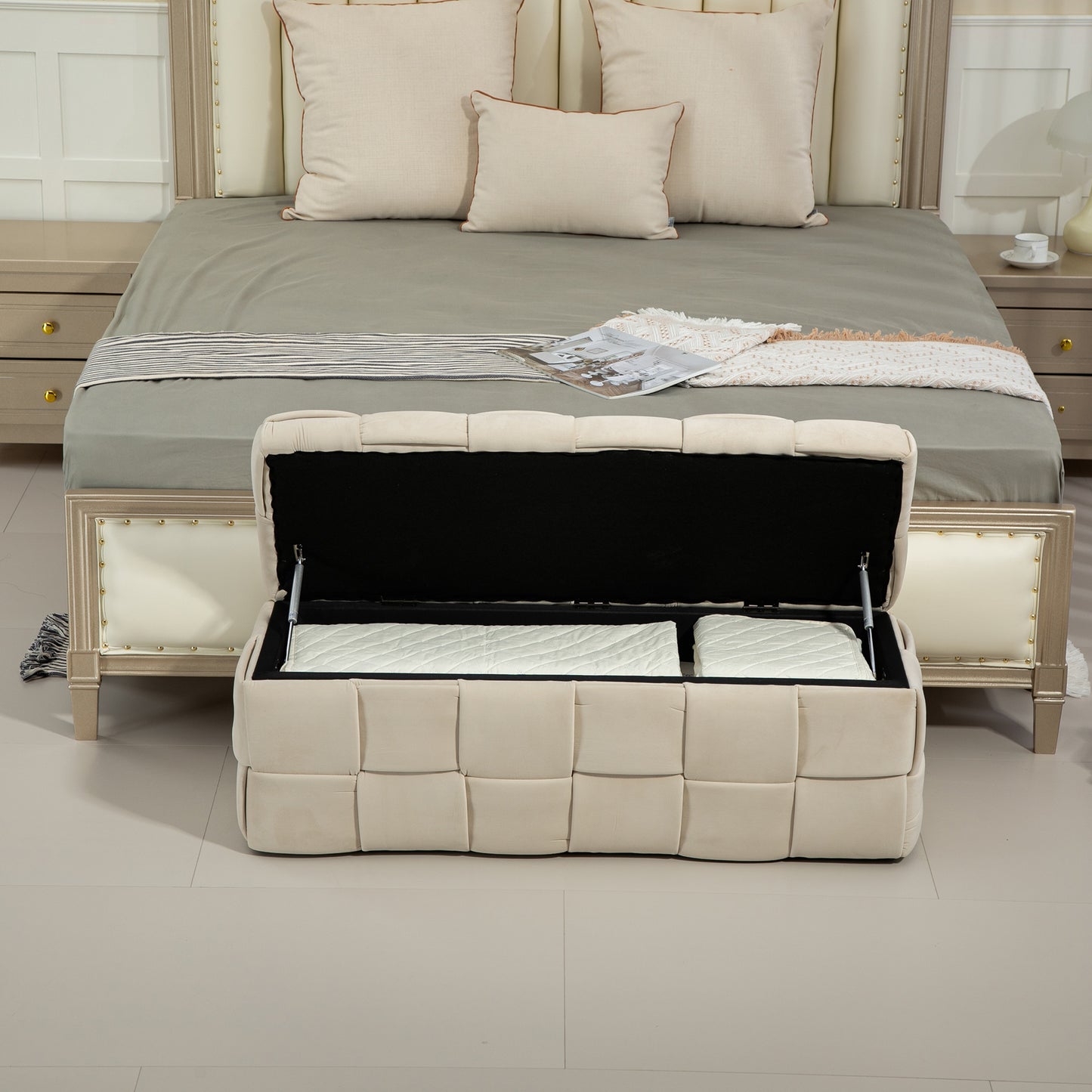 COOLMOR Ottoman-Stuhl mit Stauraum, Schlafzimmer-Beistelltisch, gepolsterter Eingangs-Fußhocker aus Stoff mit Sicherheitsscharnier (Beige)